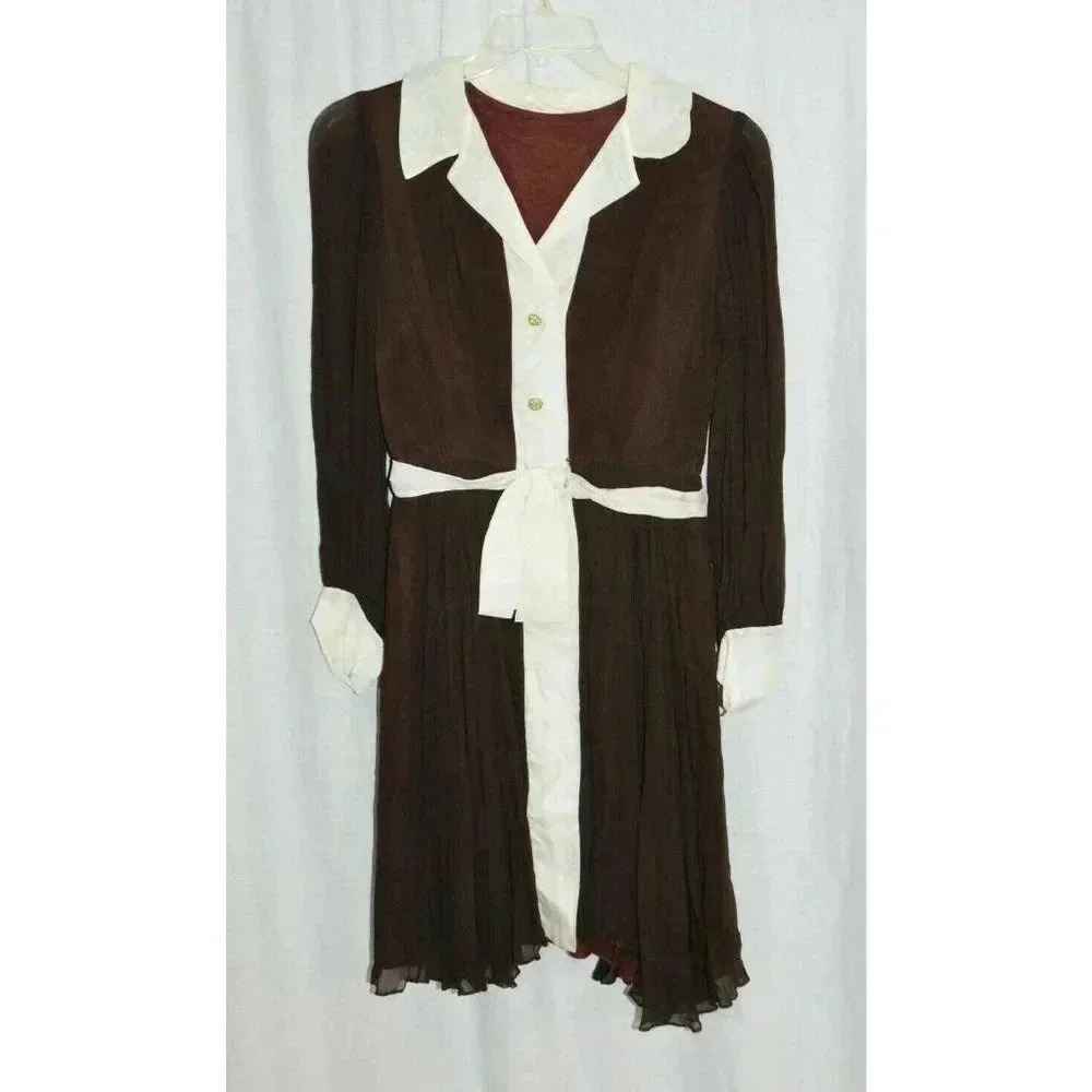 1960s Brown White Chiffon Union Made Dress Rhinest
